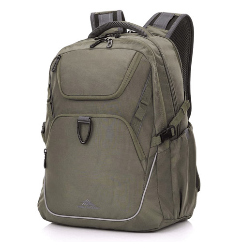 A green High Sierra Access 4.0 backpack featuring multiple compartments and a logo on the front. A green High Sierra Access 4.0 backpack featuring multiple compartments and a logo on the front.