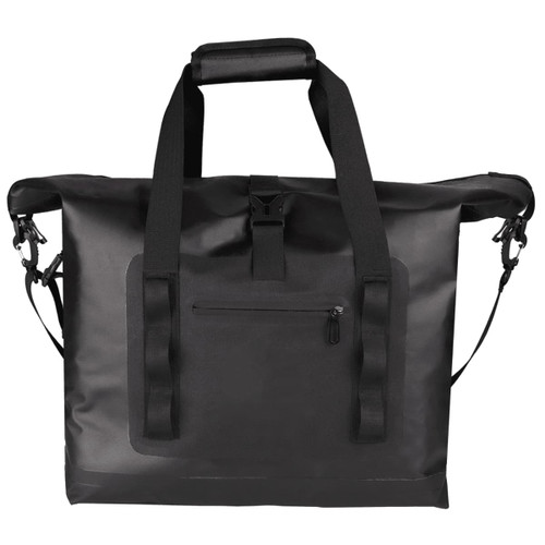 A black roll-top cooler bag with dual handles and a front zip pocket, featuring a logo.