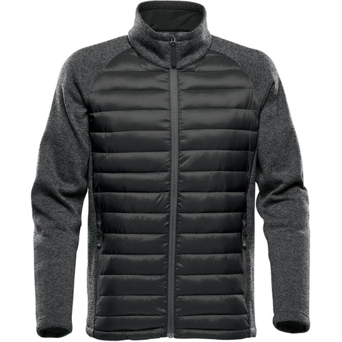 A men's hybrid jacket in dark grey with a quilted front and knit sleeves. Features a full zip and two side pockets. A men's hybrid jacket in dark grey with a quilted front and knit sleeves. Features a full zip and two side pockets.