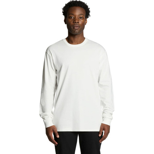 A long-sleeve white T-shirt featuring a logo, modelled by a person against a plain background. A long-sleeve white T-shirt featuring a logo, modelled by a person against a plain background.