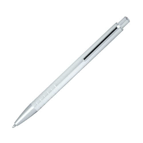 A white ballpoint pen with a clip and click action mechanism, featuring a sleek design. A white ballpoint pen with a clip and click action mechanism, featuring a sleek design.