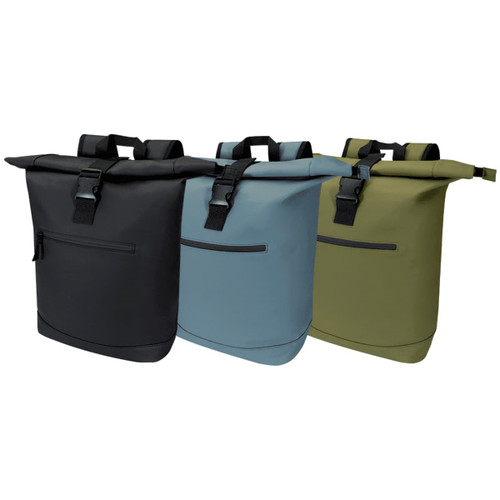 A roll-top backpack in black, light blue, and olive green, featuring a buckle closure and front zip pocket. A roll-top backpack in black, light blue, and olive green, featuring a buckle closure and front zip pocket.