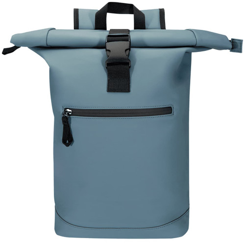 A blue recycled roll-top backpack with a front zip pocket and a black strap for closure. It features a logo. A blue recycled roll-top backpack with a front zip pocket and a black strap for closure. It features a logo.