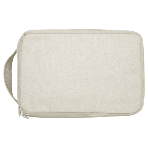 A toiletry organiser in a light beige fabric with a zip closure and a carrying handle. Features a logo. A toiletry organiser in a light beige fabric with a zip closure and a carrying handle. Features a logo.