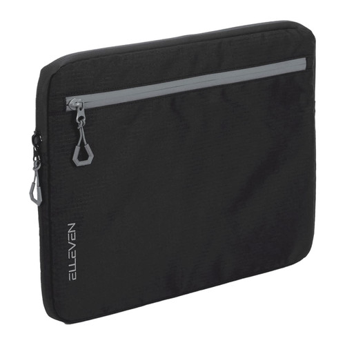 A black laptop sleeve with a zippered front pocket and a logo, designed for a 16-inch laptop. A black laptop sleeve with a zippered front pocket and a logo, designed for a 16-inch laptop.