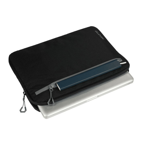 A black laptop sleeve with a grey zipper, containing a silver laptop and a blue item inside. A black laptop sleeve with a grey zipper, containing a silver laptop and a blue item inside.