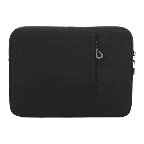 A black laptop sleeve with a zippered pocket, featuring a subtle texture and a branding logo. A black laptop sleeve with a zippered pocket, featuring a subtle texture and a branding logo.