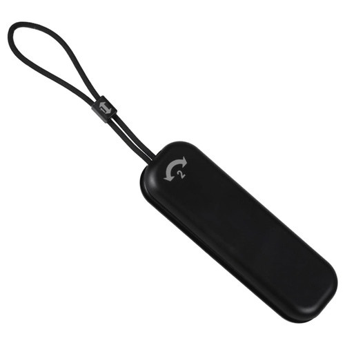 A black foldable charging cable with a wrist strap, featuring a sleek design and a logo. A black foldable charging cable with a wrist strap, featuring a sleek design and a logo.