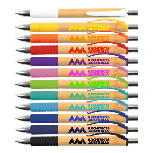 A collection of bamboo pens in various colors, featuring white, yellow, purple, green, and blue grips. Each pen has a logo. A collection of bamboo pens in various colors, featuring white, yellow, purple, green, and blue grips. Each pen has a logo.