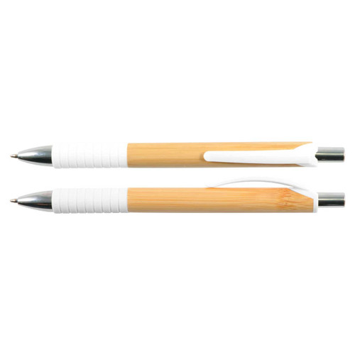 A set of two Hornet Bamboo Pens featuring a bamboo barrel and white accents, designed for writing. A set of two Hornet Bamboo Pens featuring a bamboo barrel and white accents, designed for writing.
