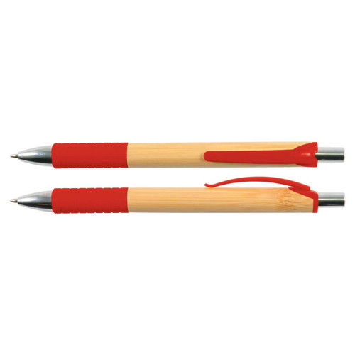 A red and bamboo pen with a smooth finish and a textured grip, featuring a clip and silver accents. A red and bamboo pen with a smooth finish and a textured grip, featuring a clip and silver accents.