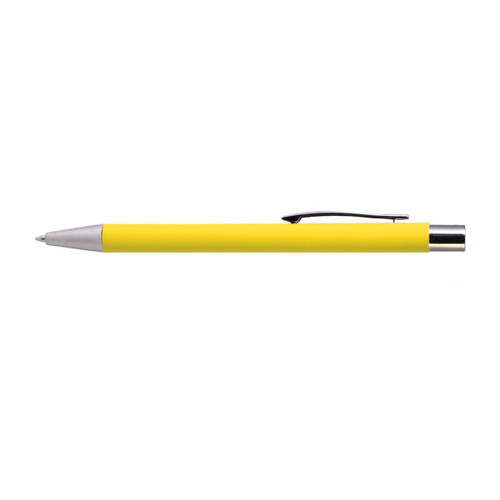 A vibrant yellow aluminium pen with a silver tip and clip, designed for writing. A vibrant yellow aluminium pen with a silver tip and clip, designed for writing.