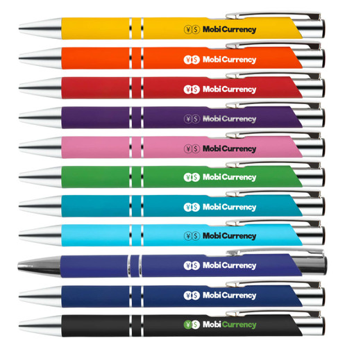 A collection of metal pens in various vibrant colors, each featuring the branding "MobiCurrency" and a sleek design. A collection of metal pens in various vibrant colors, each featuring the branding "MobiCurrency" and a sleek design.
