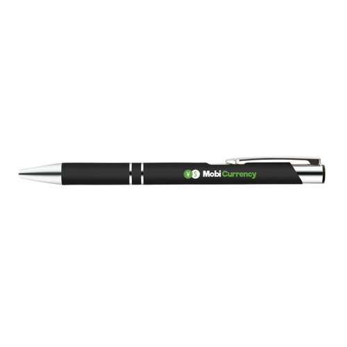 A metal pen in black with silver accents, featuring a logo for MobiCurrency. A metal pen in black with silver accents, featuring a logo for MobiCurrency.