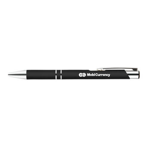 A metal pen featuring a sleek black design with silver accents and the logo "MobiCurrency" printed on its side. A metal pen featuring a sleek black design with silver accents and the logo "MobiCurrency" printed on its side.
