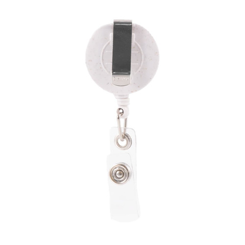 A retractable badge holder made from wheat straw, featuring a clip for attachment and a clear strap for securing badges. A retractable badge holder made from wheat straw, featuring a clip for attachment and a clear strap for securing badges.