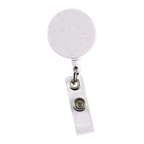 A retractable badge holder made from wheat straw, featuring a round white body with speckles and a clear strap. A retractable badge holder made from wheat straw, featuring a round white body with speckles and a clear strap.