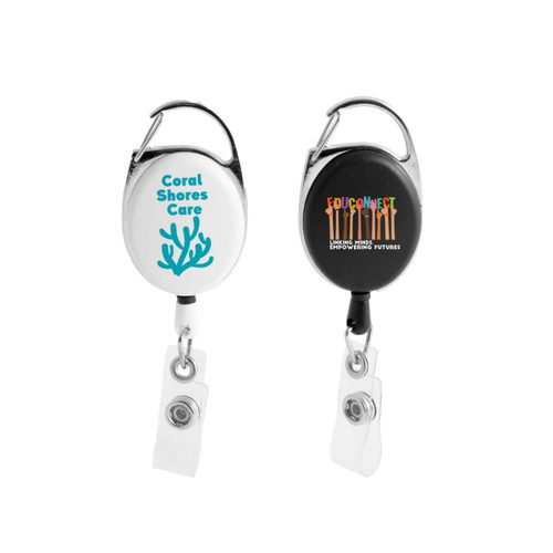 A premium retractable ID badge holder in silver with two different colored sides, featuring logos and clips. A premium retractable ID badge holder in silver with two different colored sides, featuring logos and clips.