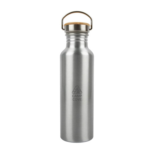 A drink bottle made of recycled aluminum with a cork stopper and a metal handle, featuring the logo "CAMP COVE."