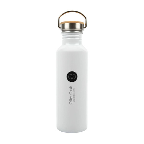 A drink bottle made of recycled aluminum featuring a white finish and a cork top, branded with the logo "Olive Oasis."