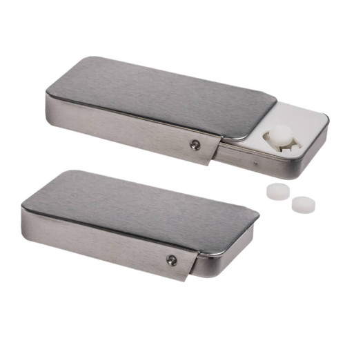 A silver slider tin containing sugar-free breath mints, with a few mints visible outside. A silver slider tin containing sugar-free breath mints, with a few mints visible outside.