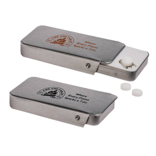 A slider tin containing sugar-free breath mints, featuring a metallic silver finish and a logo on the lid.