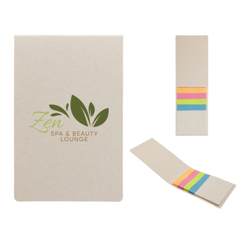 A tan sticky note pad with a logo, featuring colorful sticky flags in pink, orange, yellow, and green. A tan sticky note pad with a logo, featuring colorful sticky flags in pink, orange, yellow, and green.