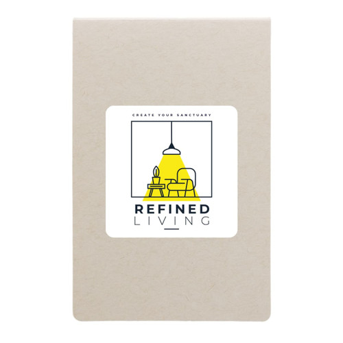 A pack of sticky notes in a light beige cover with a colorful logo featuring a lamp and furniture. A pack of sticky notes in a light beige cover with a colorful logo featuring a lamp and furniture.