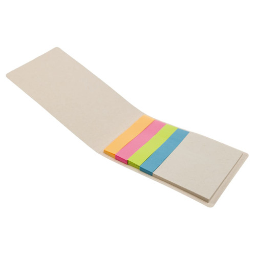 A set of sticky notes in bright colors, including pink, orange, yellow, green, and blue, in a foldable beige cover. A set of sticky notes in bright colors, including pink, orange, yellow, green, and blue, in a foldable beige cover.