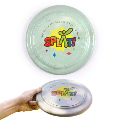 A frisbee featuring a glossy, translucent green color with multicolored graphics and a logo. A frisbee featuring a glossy, translucent green color with multicolored graphics and a logo.