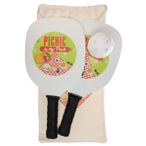 A pickleball set featuring two paddles with colorful picnic-themed graphics and a ball, enclosed in a beige storage bag. A pickleball set featuring two paddles with colorful picnic-themed graphics and a ball, enclosed in a beige storage bag.