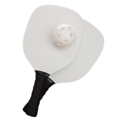 A pickleball set featuring two paddles and a perforated plastic ball. A pickleball set featuring two paddles and a perforated plastic ball.
