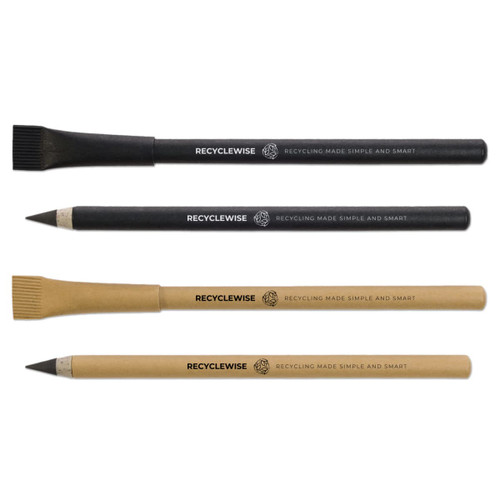 A set of four inkless pens in black, grey, and natural kraft colours, featuring a logo on each. A set of four inkless pens in black, grey, and natural kraft colours, featuring a logo on each.