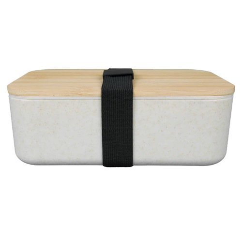 A lunch box featuring a natural bamboo lid and a textured white base, secured with a black elastic strap. A lunch box featuring a natural bamboo lid and a textured white base, secured with a black elastic strap.