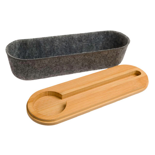 A gray felt utility case with a bamboo lid. The lid features a cut-out for easy access to the contents. A gray felt utility case with a bamboo lid. The lid features a cut-out for easy access to the contents.