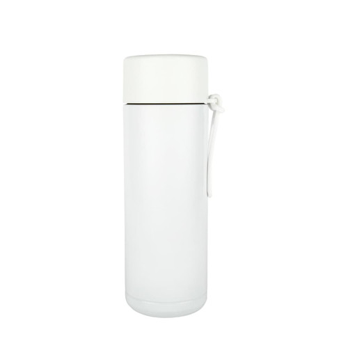 A drink bottle in white with a grey lid and a holder strap. It features a logo on its surface.