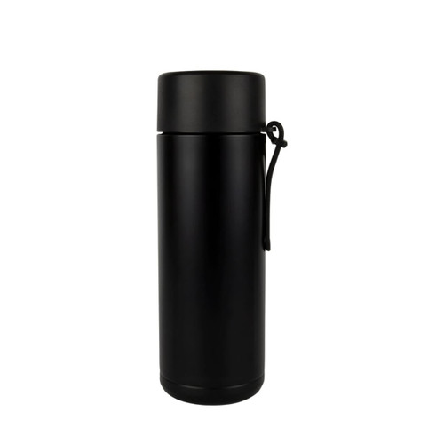 A drink bottle in matte black finish with a secure lid and a handy strap. Features a logo.