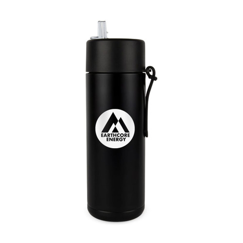 A drink bottle featuring a sleek black design with a logo and a straw lid. It holds 600ml.