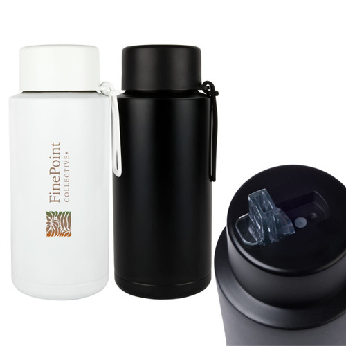 A drink bottle featuring white and black steel designs with a logo and a flip-top lid for easy access.