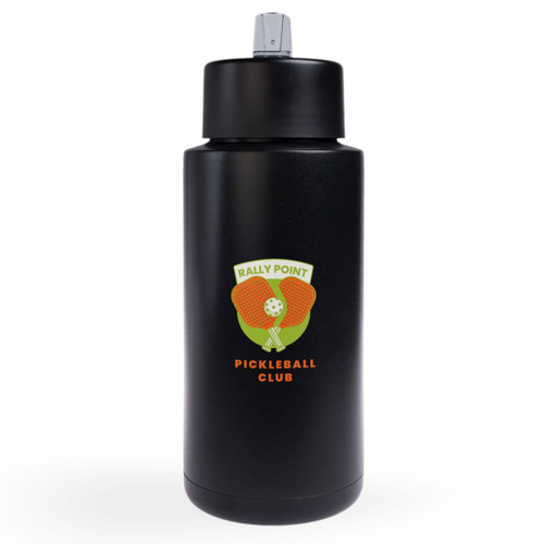 A drink bottle in black with a silver cap and a logo featuring a pickleball design.