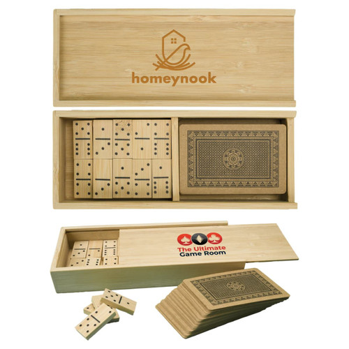 A bamboo game set featuring wooden dominoes and a deck of cards, with a branded box. A bamboo game set featuring wooden dominoes and a deck of cards, with a branded box.