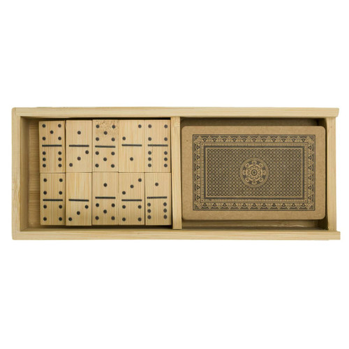 A bamboo box containing a set of dominoes and a decorated playing card deck. The items are natural wood and dark brown. A bamboo box containing a set of dominoes and a decorated playing card deck. The items are natural wood and dark brown.