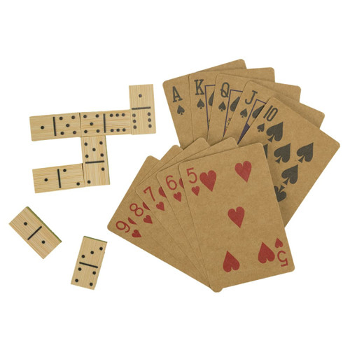 A set of playing cards and dominoes in brown, featuring spade and heart designs. The dominoes are also wooden. A set of playing cards and dominoes in brown, featuring spade and heart designs. The dominoes are also wooden.