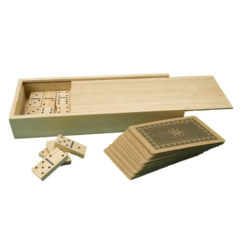 A bamboo box containing a set of dominoes and a deck of cards. A bamboo box containing a set of dominoes and a deck of cards.