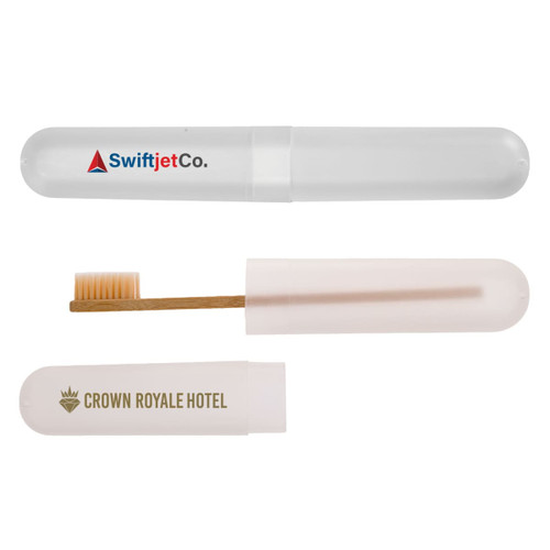 A clear toothbrush case with a wooden toothbrush inside. It features logos on the exterior. A clear toothbrush case with a wooden toothbrush inside. It features logos on the exterior.