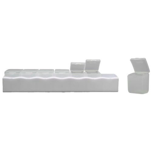 A white weekly pill box with individual compartments and clear lids, designed to organize medication for each day. A white weekly pill box with individual compartments and clear lids, designed to organize medication for each day.