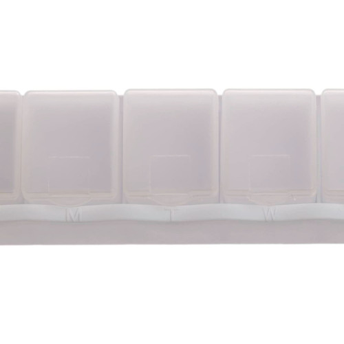 A weekly pill box in translucent white plastic with compartments labeled for each day of the week. A weekly pill box in translucent white plastic with compartments labeled for each day of the week.