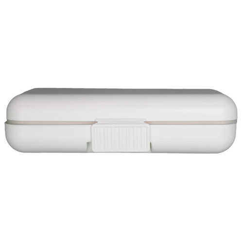 A compact, white pill organizer with a secure clasp, designed for storing medication.