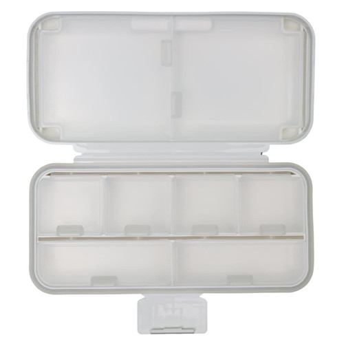A white compact pill organizer with multiple compartments, featuring a hinged lid and a clean, minimalist design.