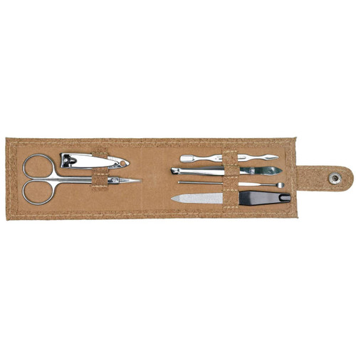 A cork manicure set featuring stainless steel tools, including scissors, clippers, and nail files in a brown case. A cork manicure set featuring stainless steel tools, including scissors, clippers, and nail files in a brown case.